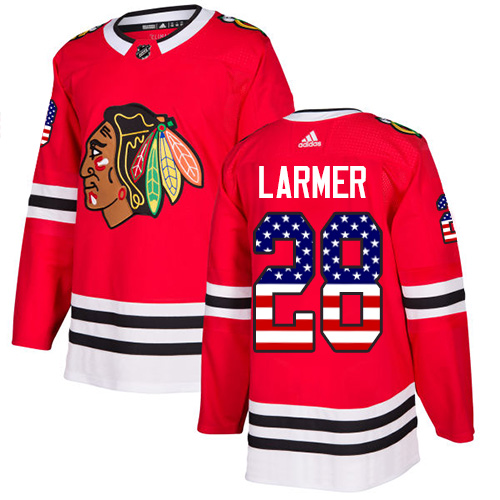 Adidas Blackhawks #28 Steve Larmer Red Home Authentic USA Flag Stitched NHL Jersey - Click Image to Close